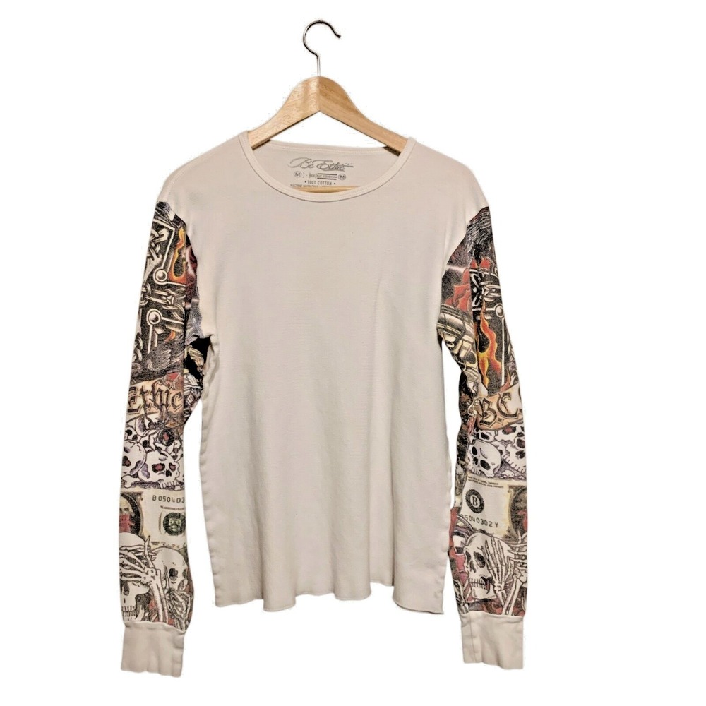 VTG BC Ethic Thermal Shirt‎ Men M Y2K Skull Tattoo Sleeve Graphic Grunge Cyber